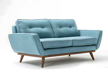 Fototapeta premium Modern Blue Sofa with Wooden Legs isolated on white background