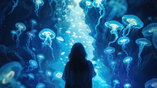 Enchanting Underwater World: Silhouette of a Woman Surrounded by Glowing Jellyfish in a Deep Blue Ocean - Powered by Adobe
