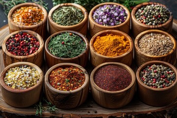 Fototapeta premium An array of various colorful spices neatly presented in round wooden bowls against a rustic backdrop, showcasing the diversity and richness of culinary ingredients.