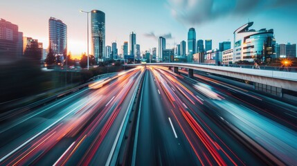 Fototapeta premium Cars moving fast on a highway overpass, blurred with a city skyline at twilight.