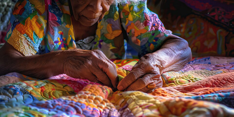 Threads of Tradition: An African American woman carefully mends a tattered quilt, surrounded by fabrics in rich, vibrant colors