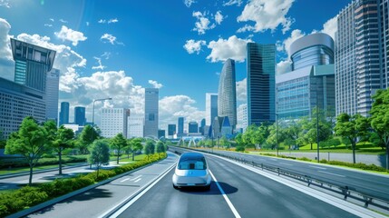 Obraz premium A car is driving down a road in a city with tall buildings in the background