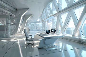 Obraz premium Futuristic High-Tech Office Space with Advanced Technology and Modern Design