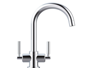 A Modern Kitchen Faucet With A Sleek Chrome Finish on a Clear PNG or White Background.