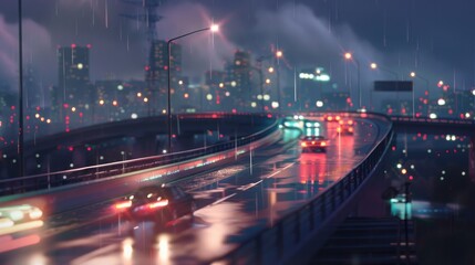 Fototapeta premium Cars speeding on an overpass, with blurred city lights in the background.