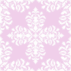 Azulejo floral pattern. A bouquet white flowers in the form of a symmetrical pattern on a pink background. Purple frame for tiles, pillows, wallpaper, towels, interior decor.