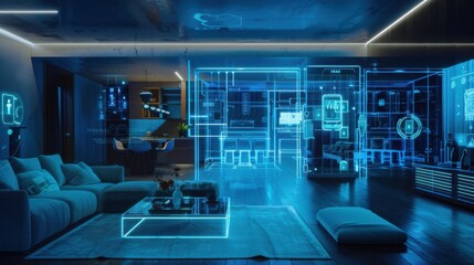 Fototapeta premium A futuristic living room with a blue couch, coffee table, and a blue rug