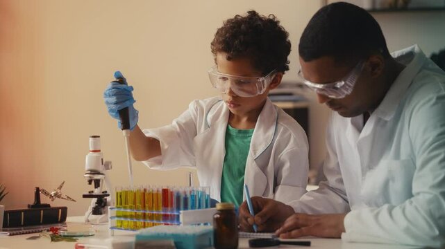 Boy takes liquid sample from tube, father documents science project results