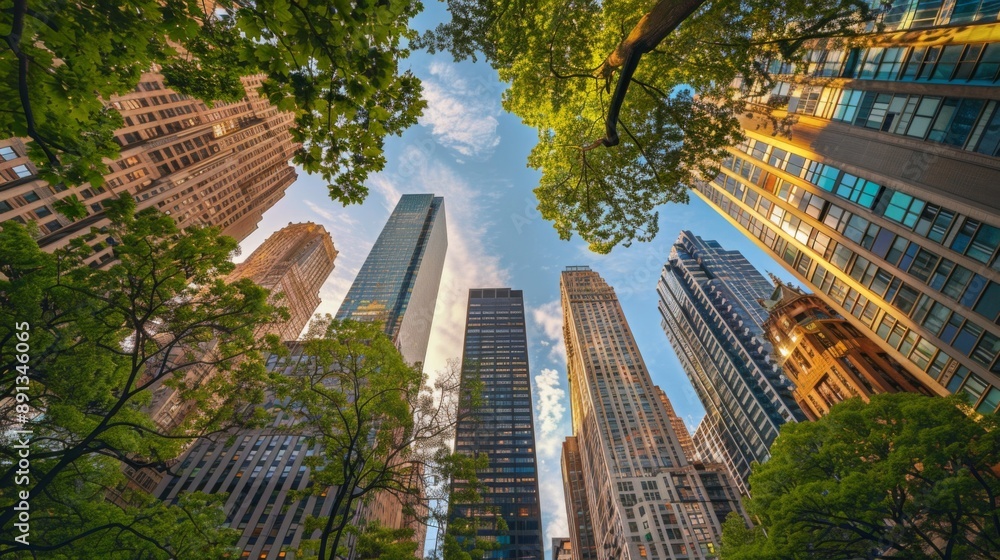 Poster a low angle view of skyscrapers towering over a park, blending nature with urban architecture