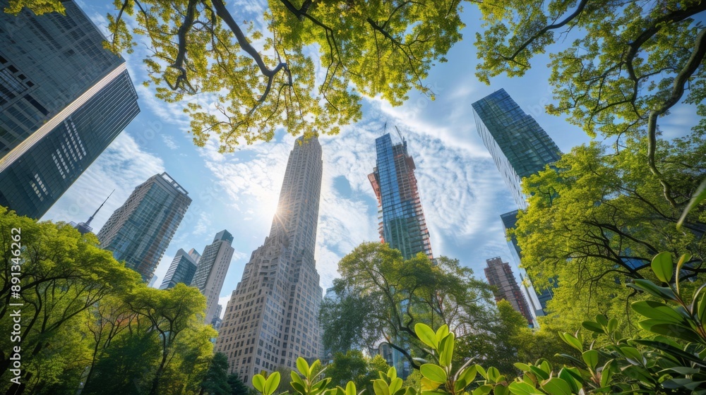 Poster a low angle view of skyscrapers towering over a park, blending nature with urban architecture