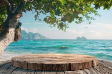 Wooden pedestal of free space for your decoration and summer landscape of beach - generative ai