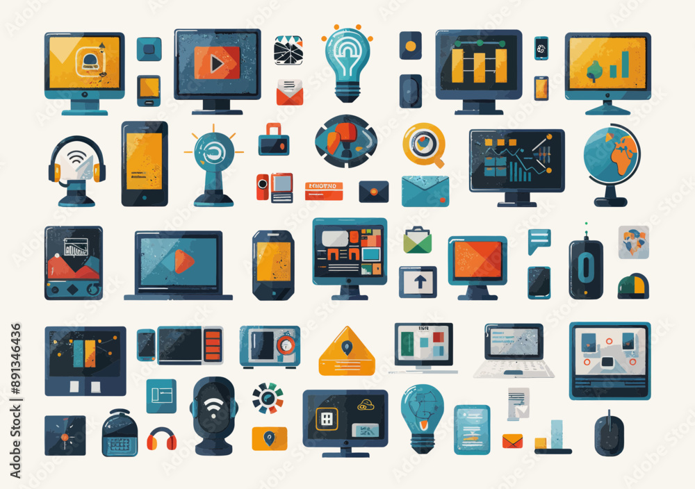 Poster comprehensive digital communication technology icons vector set for business and online interaction 
