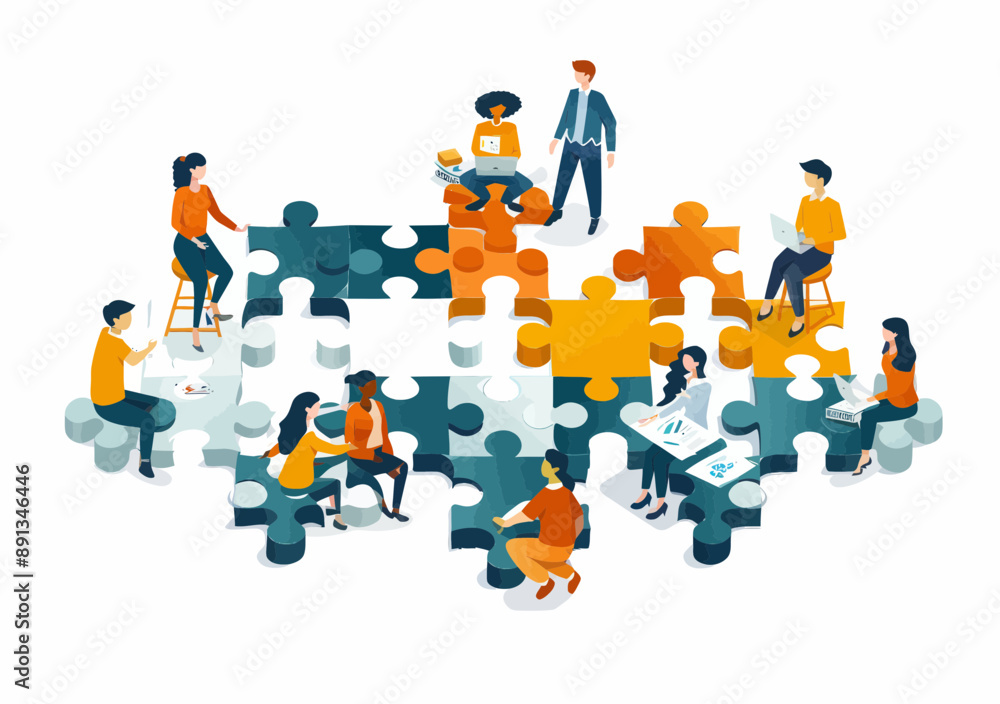 Poster team brainstorming session around puzzle-shaped table, finding solutions for project, collaborative 