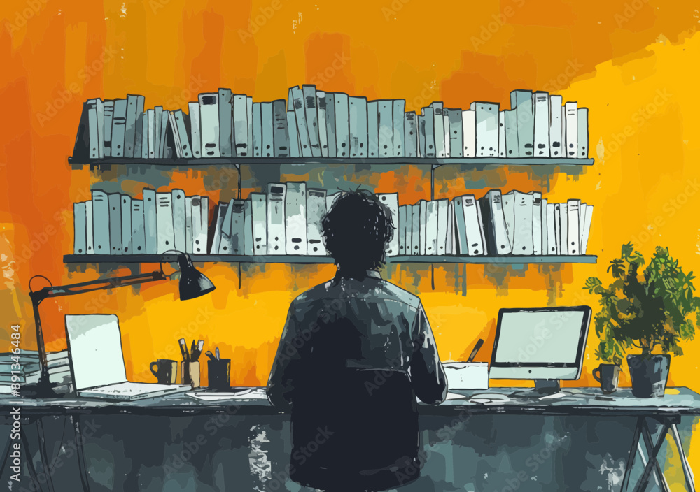 Poster businessman working in office with bookshelves and desk, solving problems and finding solutions, vec