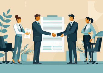 Obraz premium Business Agreement and Handshake: Office Team Reviewing Deal - Collaborative Corporate Negotiation, Professional Teamwork, Modern Office Environment - Vector Illustration
