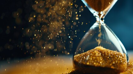 A macro shot of grains of sand falling in an hourglass, time measurement concept