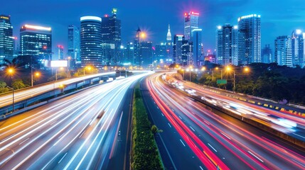 Fototapeta premium Fast-moving traffic on an overpass, city skyline lit up in the distance.