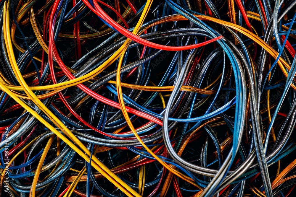 Fototapete This image presents a colorful tangle of various electrical cables and wires, forming a chaotic and intricate abstract composition that conveys energy and complexity.