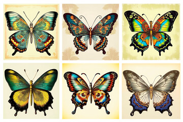 A set of six cartoon tropical colorful butterfly in the style of an antique illustration.
