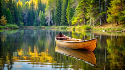 Obraz premium Wooden canoe resting on a tranquil lake surrounded by forest