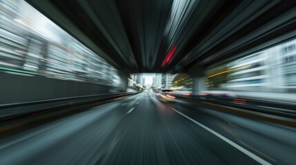 Highway overpass in motion blur, urban cityscape creating a dynamic backdrop.