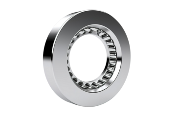 A Close-Up View of a Shiny Silver Roller Bearing on a Clear PNG or White Background.