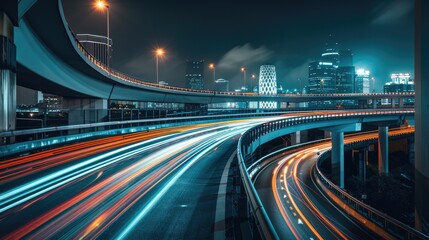 Highway overpass light trails, city skyline visible in the background.