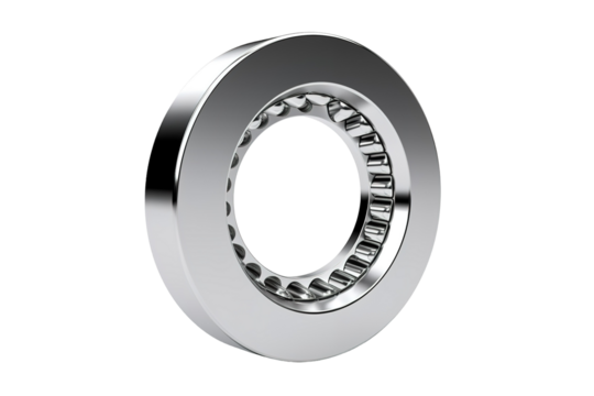 A Close-Up View of a Shiny Silver Roller Bearing on a Clear PNG or White Background.