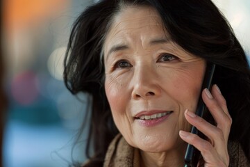 A cheerful elderly woman with dark hair is having a pleasant phone conversation outdoors during winter, wearing a cozy scarf and coat, showing genuine happiness.