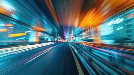 Highway overpass motion blur, with city lights creating a vibrant backdrop.