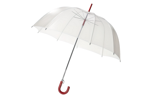 A Clear Umbrella With Red Accents Held Atop Its Handle on a Clear PNG or White Background.