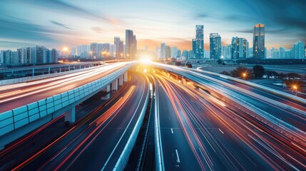 Highway overpass with motion blur, cityscape sparkling in the background.