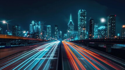Fototapeta premium Light trails from cars on a highway overpass, with a city skyline at night.