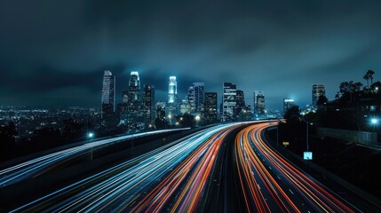 Obraz premium Light trails on a highway overpass, with a city skyline glowing in the night.