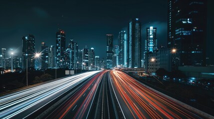 Fototapeta premium Light trails on a highway overpass, with city skyscrapers illuminated at night.