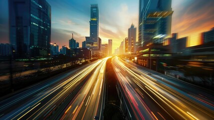 Naklejka premium Motion blur of traffic on an overpass, city buildings glowing at dusk.