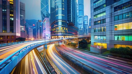 Obraz premium Motion blur on a highway overpass, modern city buildings glowing at dusk.