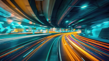 Fototapeta premium Motion blur on a highway overpass, vibrant city lights creating a dynamic scene.