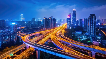Obraz premium Nighttime highway overpass, light trails, and a brightly lit urban skyline.