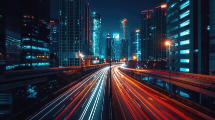 Fototapeta premium Nighttime traffic on an overpass, blurred against a backdrop of city skyscrapers.