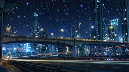 Obraz premium Nighttime highway overpass with streaking headlights and city skyscrapers in the background.