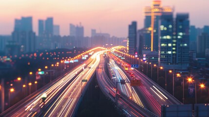 Obraz premium Speeding cars on an overpass, blurred against a backdrop of city lights.
