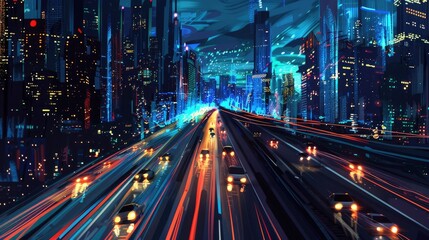 Obraz premium Speeding traffic on a highway overpass, city buildings glowing in the distance.