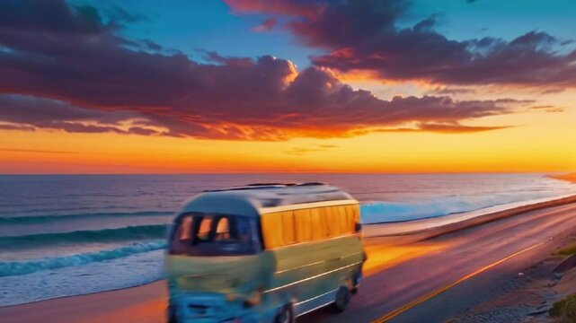 Van driving on the beach in sunset, smooth looping video.