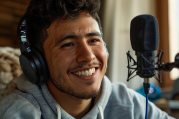 A cheerful young man in a hoodie is smiling while recording into a microphone, wearing large headphones, suggesting he is engaged in podcasting or audio recording.