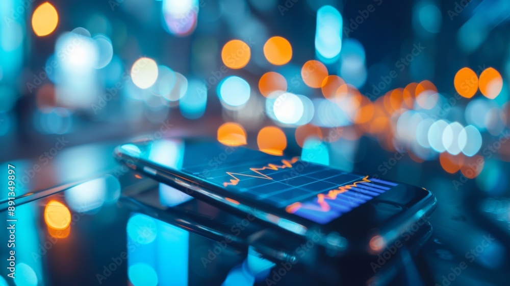 Aufkleber a mobile phone displaying real-time stock market prices and graphs, used for trading on the go
