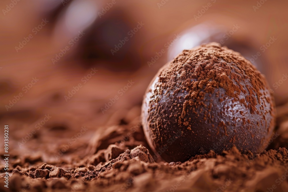 Poster A close-up image of a round chocolate truffle coated with cocoa powder, highlighting its rich texture and luxurious appeal against a backdrop of more truffles and cocoa.