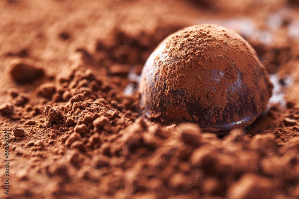 Poster the image showcases a delectable chocolate truffle coated in fine cocoa powder, placed on a textured