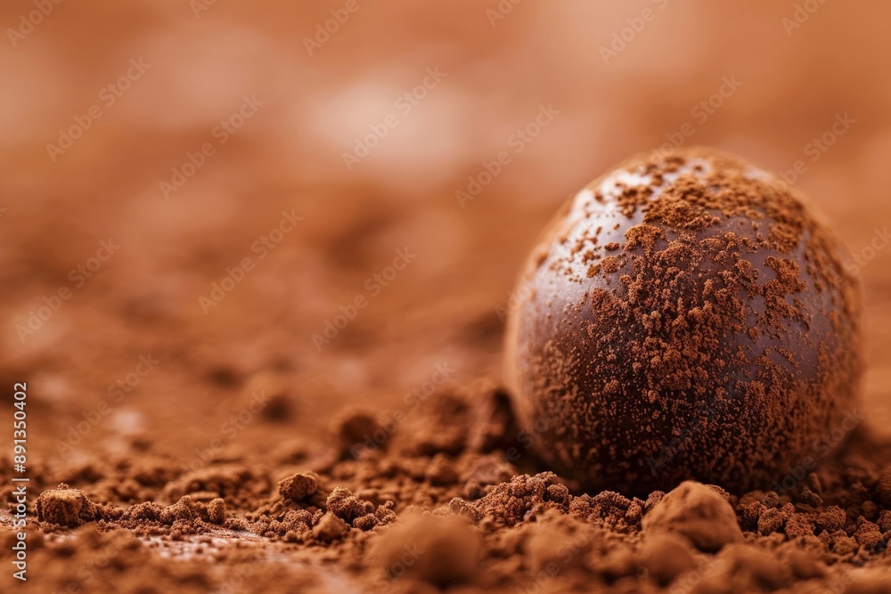 Poster the image portrays a single, perfectly shaped chocolate truffle resting on a bed of cocoa powder, em