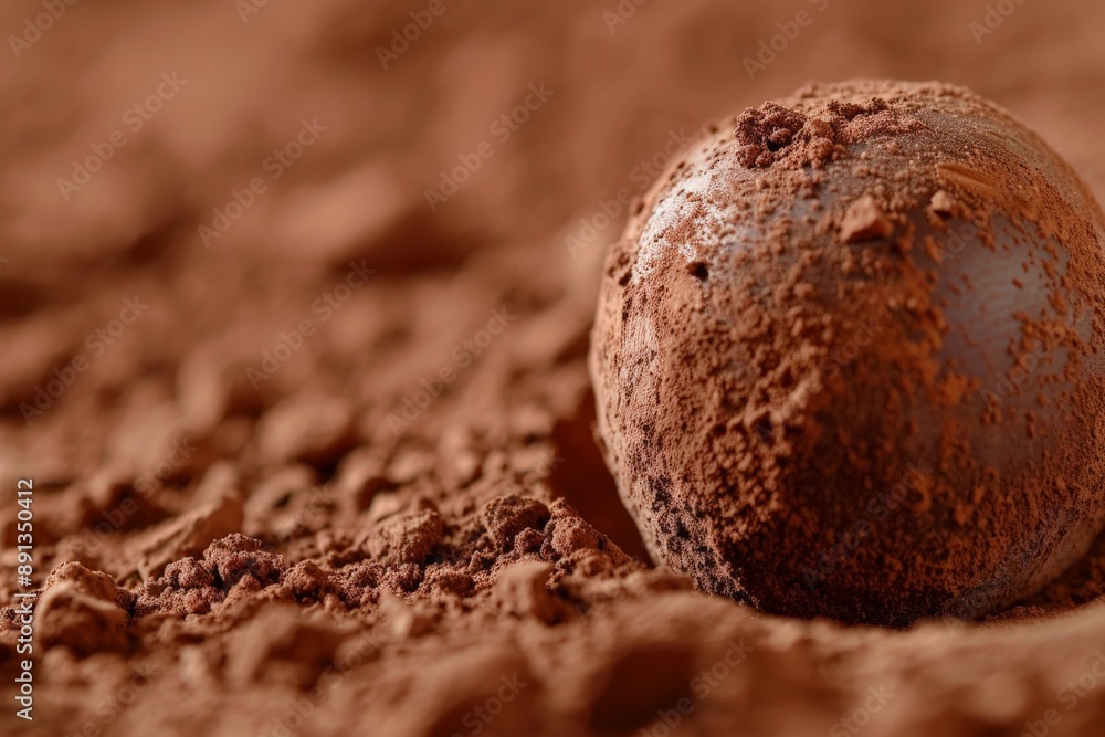 Poster a close-up photograph of a single chocolate truffle covered in cocoa powder, highlighting its rich t